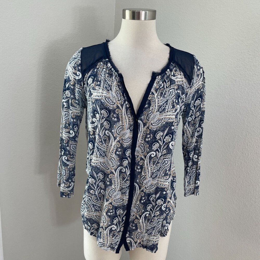 Lucky Brand Womens Medium Sheer Paisley Top 3/4 Sleeve Boho‎ Shirt Blouse